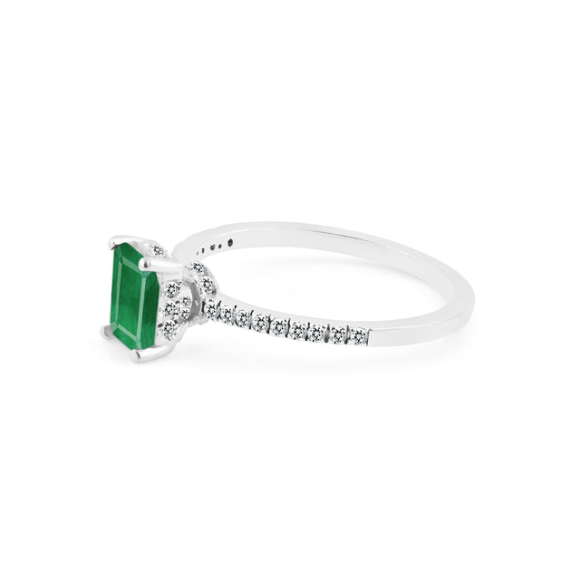 Emerald & Diamond Gemstone Solid 14k White Gold Ring