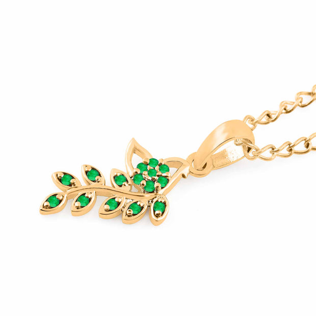 Emerald Gemstone Solid 14k Yellow Gold Leaf Pendant