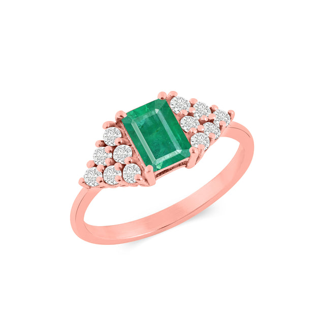 Emerald Gemstone & Diamond Solid 14k Rose Gold Ring