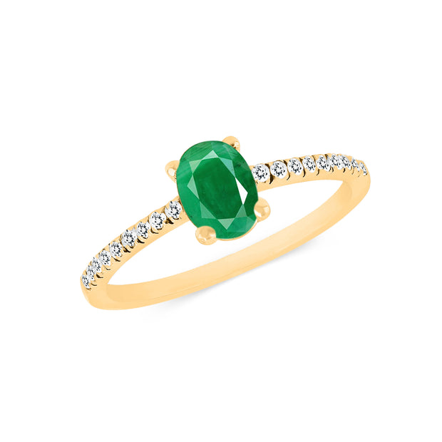 Emerald Gemstone & Diamond Solid 14k Yellow Gold Ring