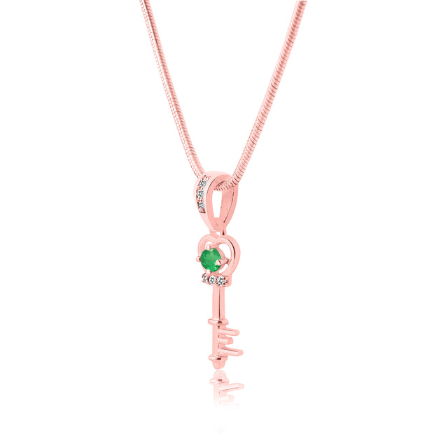 Emerald Gemstone & Diamond Solid 14k Rose Gold Key Pendant
