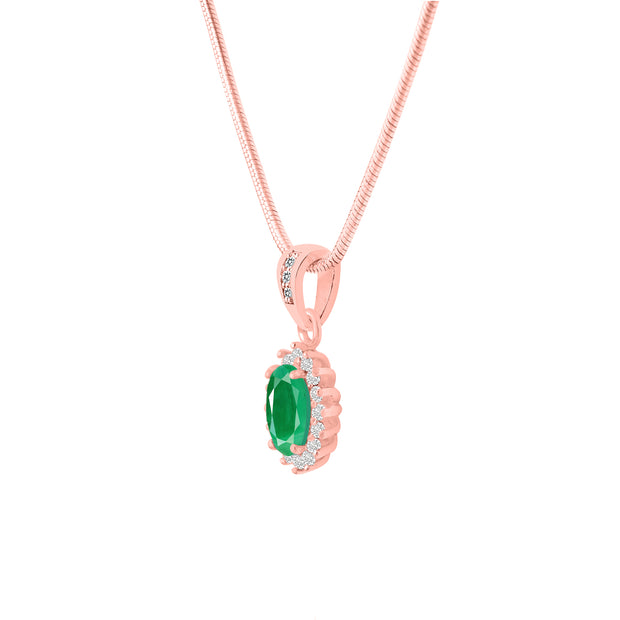 Emerald Gemstone & Diamond Solid 14k Rose Gold Pendant