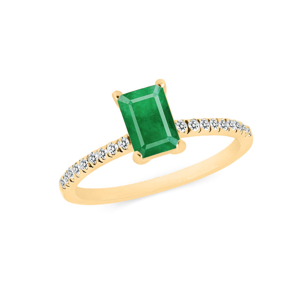 Emerald & Diamond Gemstone Solid 14k Yellow Gold Ring