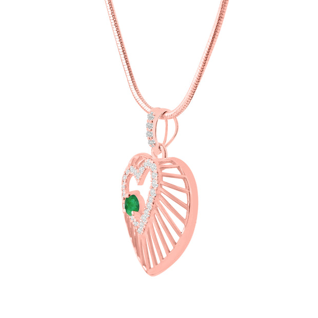 Emerald Gemstone & Diamond Solid 14k Rose Gold Heart Pendant