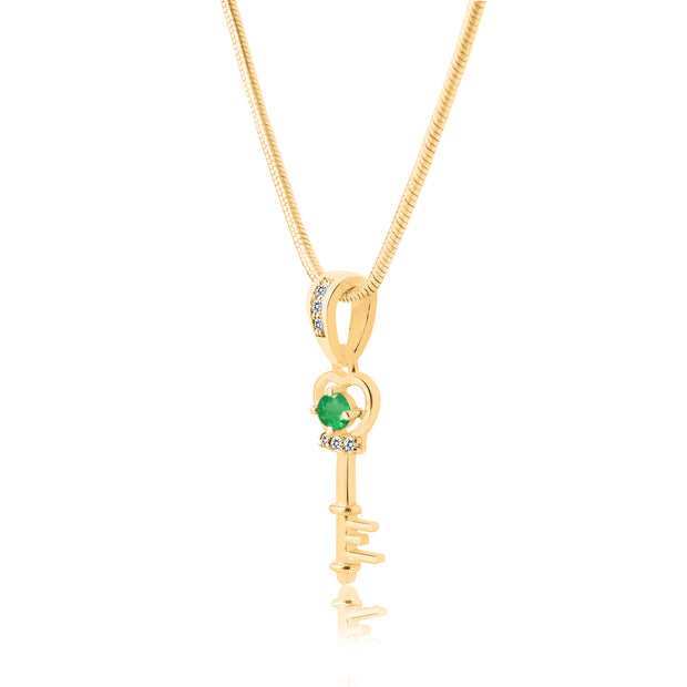 Emerald Gemstone & Diamond Solid 14k Yellow Gold Key Pendant