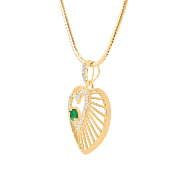 Emerald Gemstone & Diamond Solid 14k Yellow Gold Heart Pendant