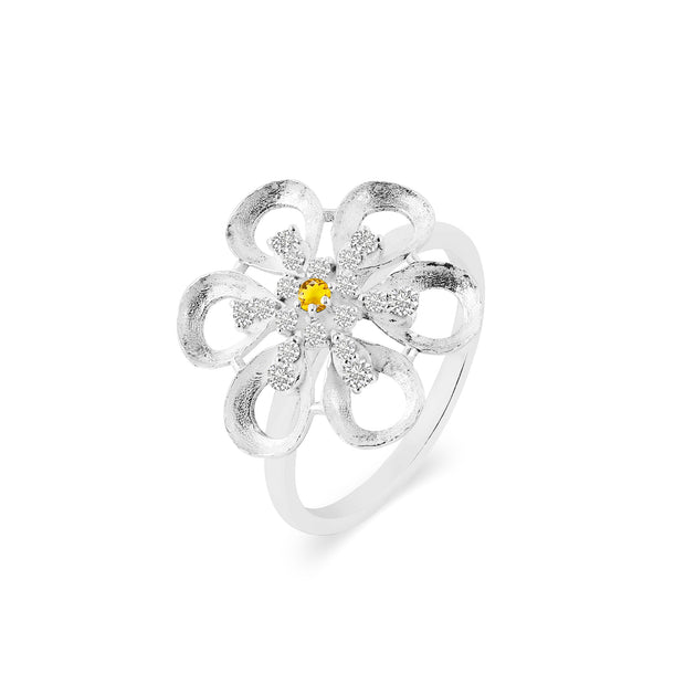 Citrine Gemstone & Diamond Solid 14k White Gold Ring
