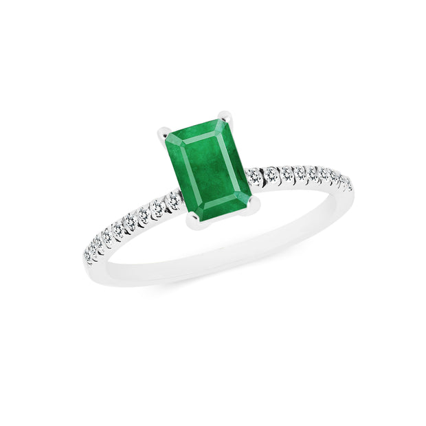 Emerald & Diamond Gemstone Solid 14k White Gold Ring