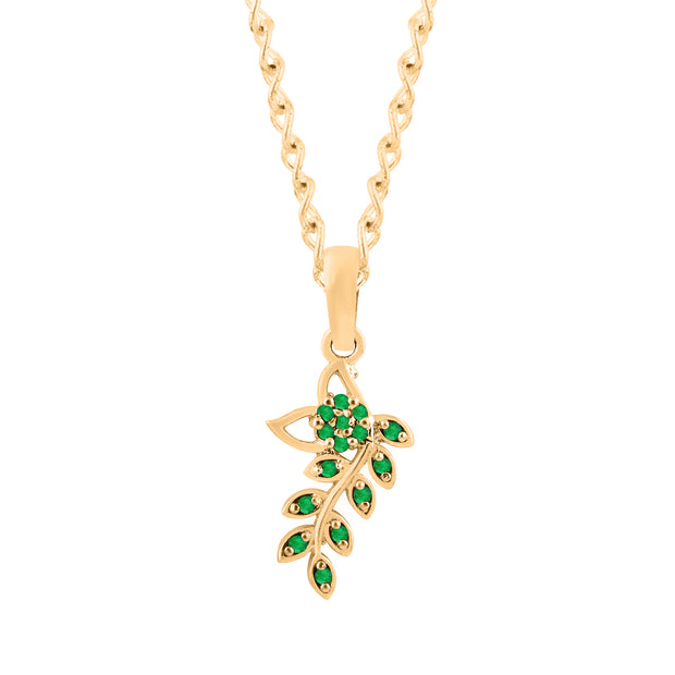 Emerald Gemstone Solid 14k Yellow Gold Leaf Pendant