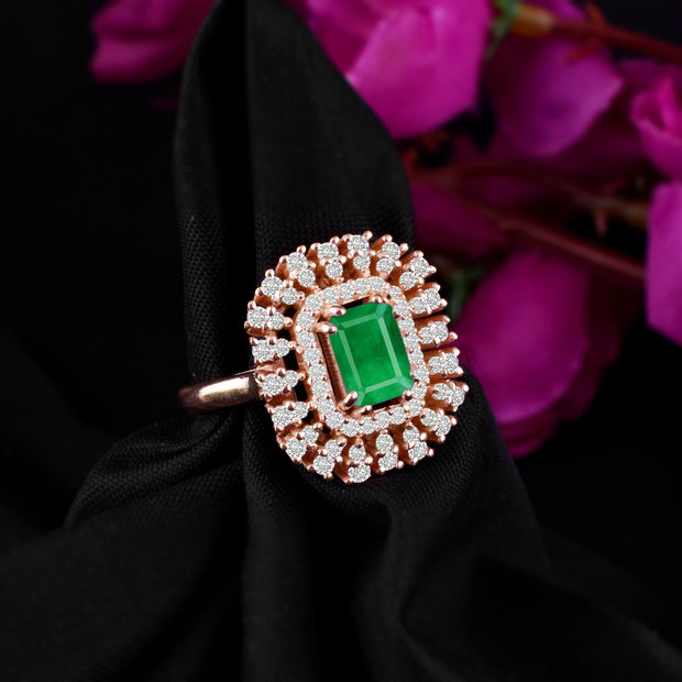 Emerald Gemstone & Diamond Solid 14k Rose Gold Ring