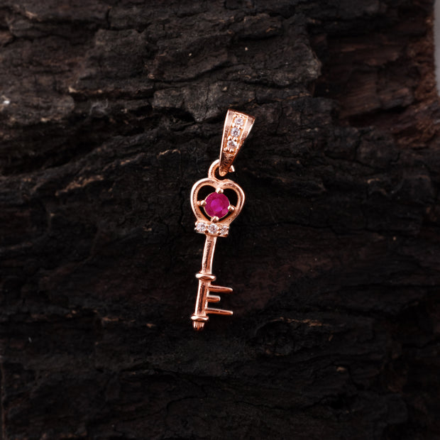Ruby Gemstone & Diamond Solid 14k Rose Gold Key Pendant