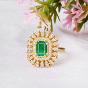 Emerald Gemstone & Diamond Solid 14k Yellow Gold Ring