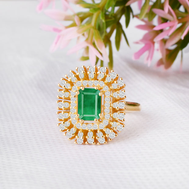 Emerald Gemstone & Diamond Solid 14k Yellow Gold Ring