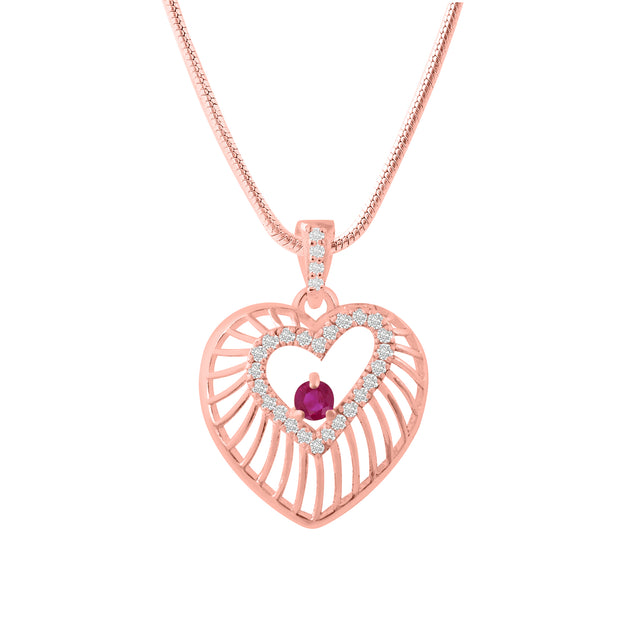 Ruby Gemstone & Diamond Solid 14k Rose Gold Heart Pendant