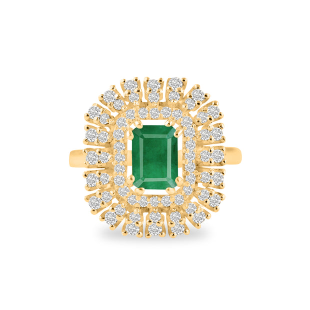 Emerald Gemstone & Diamond Solid 14k Yellow Gold Ring