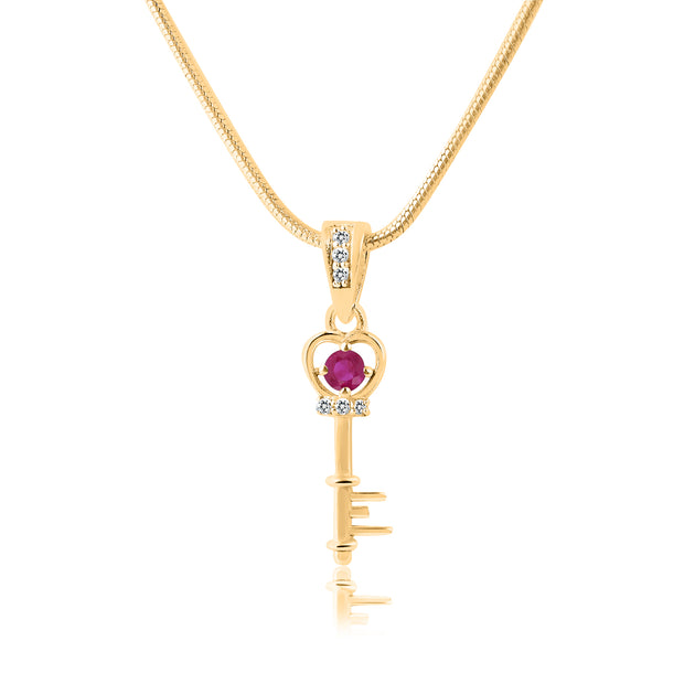 Ruby Gemstone & Diamond Solid 14k Yellow Gold Key Pendant