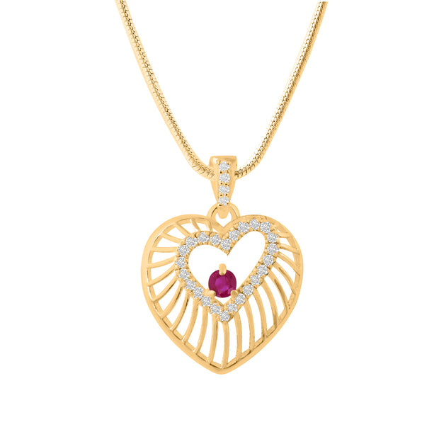 Ruby Gemstone & Diamond Solid 14k Yellow Gold Heart Pendant