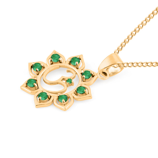 Emerald Gemstone Solid 14k Yellow Gold OM Pendant