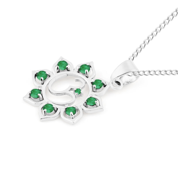 Emerald Gemstone Solid 14k White Gold OM Pendant