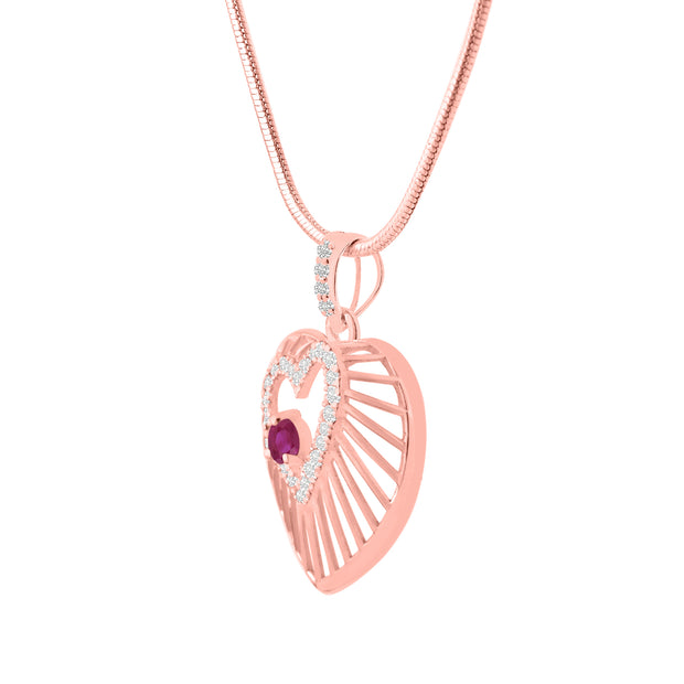Ruby Gemstone & Diamond Solid 14k Rose Gold Heart Pendant