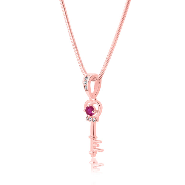 Ruby Gemstone & Diamond Solid 14k Rose Gold Key Pendant