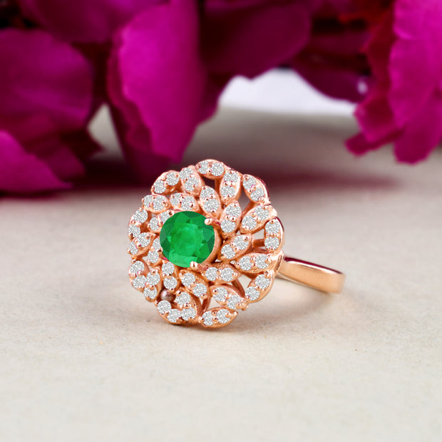 Emerald Gemstone & Diamond Solid 14k Rose Gold Ring