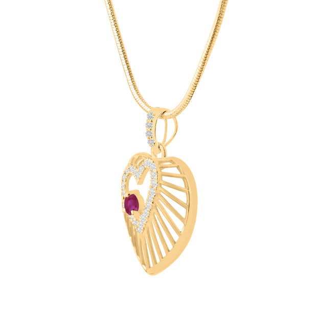 Ruby Gemstone & Diamond Solid 14k Yellow Gold Heart Pendant
