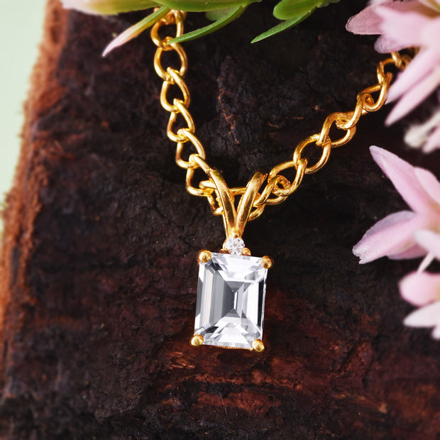 White Topaz Gemstone & Diamond Solid 14k Yellow Gold Pendant