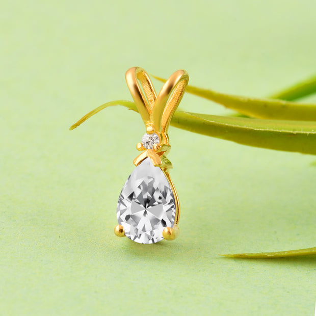 White Topaz Gemstone & Diamond Solid 14k Yellow Gold Pendant