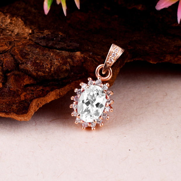 White Topaz Gemstone & Diamond Solid 14k Rose Gold Pendant