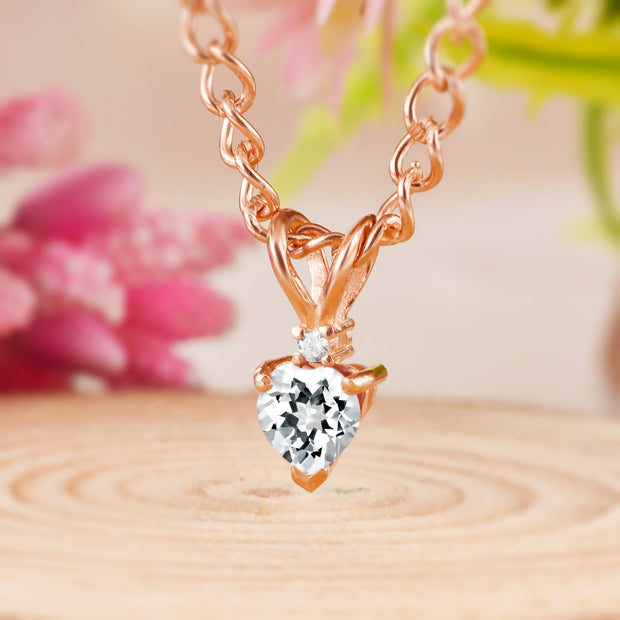 White Topaz Gemstone & Diamond Solid 14k Rose Gold Pendant