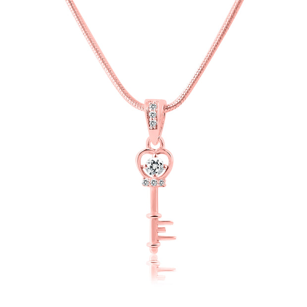 White Topaz Gemstone & Diamond Solid 14k Rose Gold Key Pendant