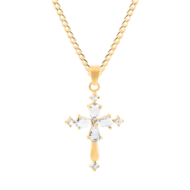 White Topaz Gemstone Solid 14k Yellow Gold Cross Pendant