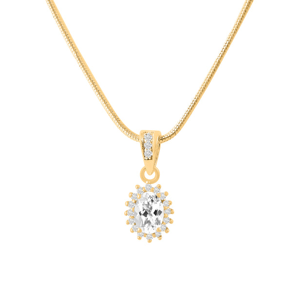 White Topaz Gemstone & Diamond Solid 14k Yellow Gold Pendant
