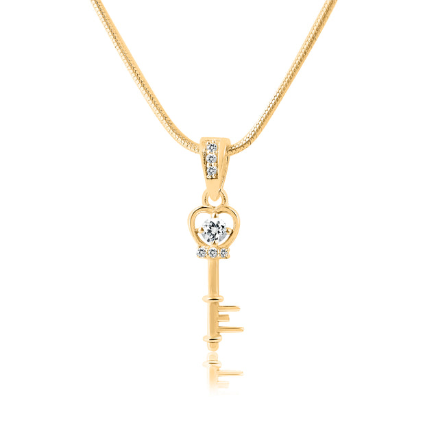 White Topaz Gemstone & Diamond Solid 14k Yellow Gold Key Pendant
