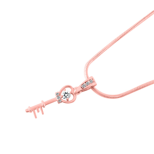 White Topaz Gemstone & Diamond Solid 14k Rose Gold Key Pendant