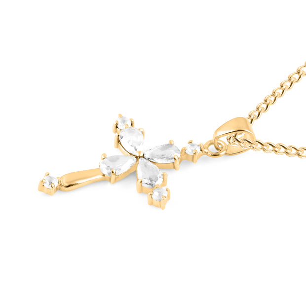 White Topaz Gemstone Solid 14k Yellow Gold Cross Pendant