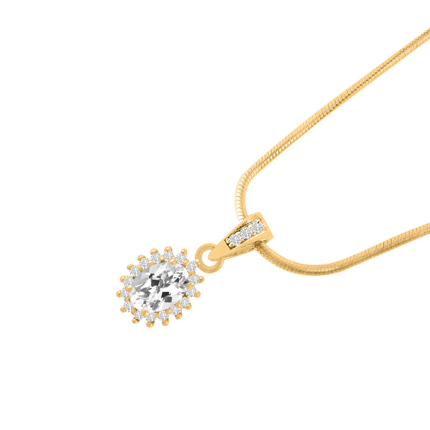 White Topaz Gemstone & Diamond Solid 14k Yellow Gold Pendant
