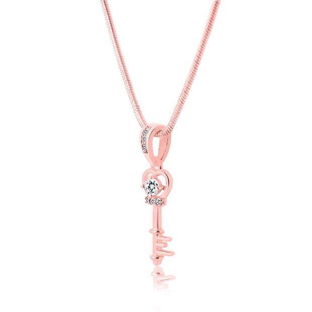 White Topaz Gemstone & Diamond Solid 14k Rose Gold Key Pendant