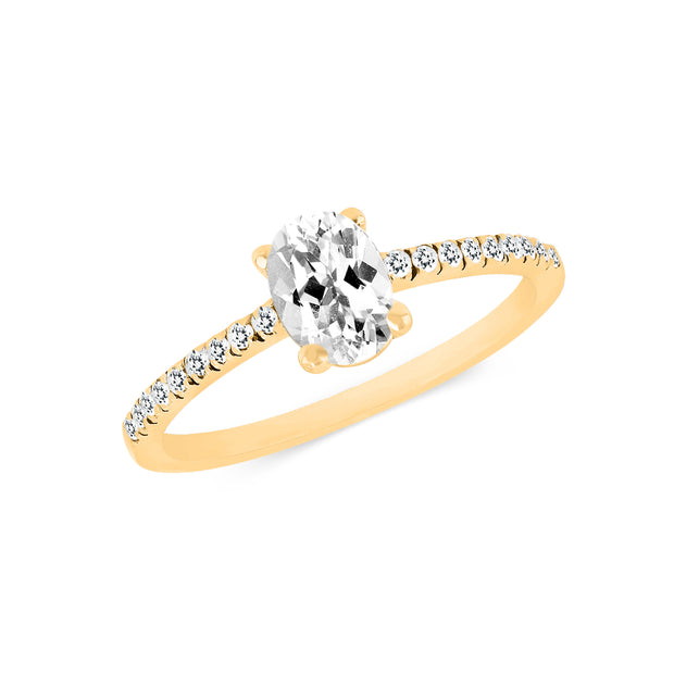 White Topaz Gemstone & Diamond Solid 14k Yellow Gold Ring