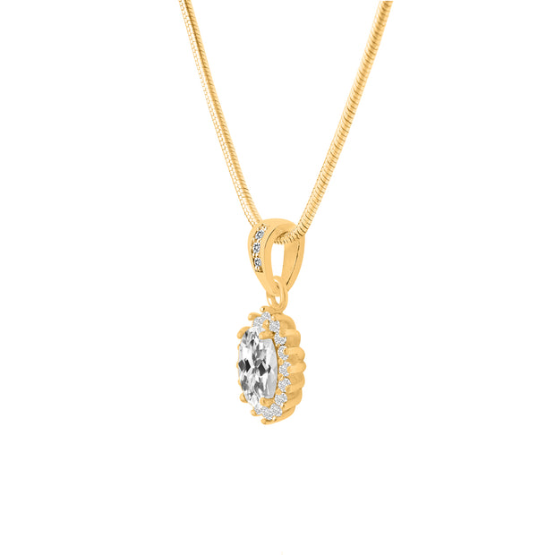 White Topaz Gemstone & Diamond Solid 14k Yellow Gold Pendant
