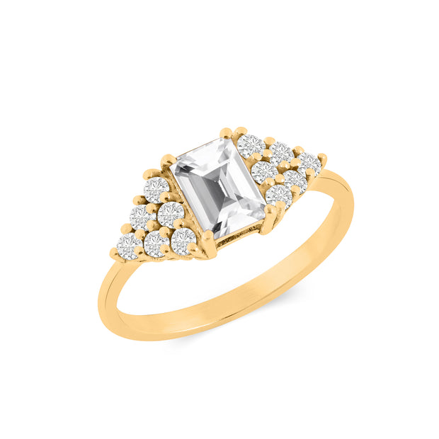 White Topaz Gemstone & Diamond Solid 14k Yellow Gold Ring