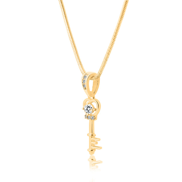 White Topaz Gemstone & Diamond Solid 14k Yellow Gold Key Pendant