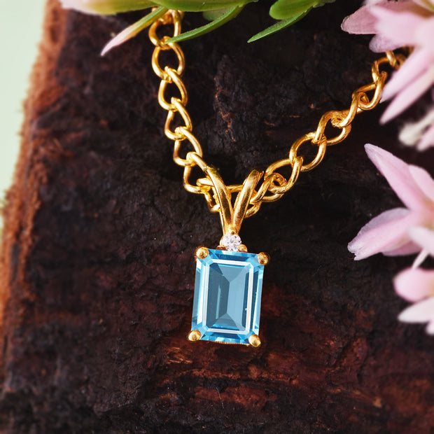 Blue Topaz Gemstone & Diamond Solid 14k Yellow Gold Pendant