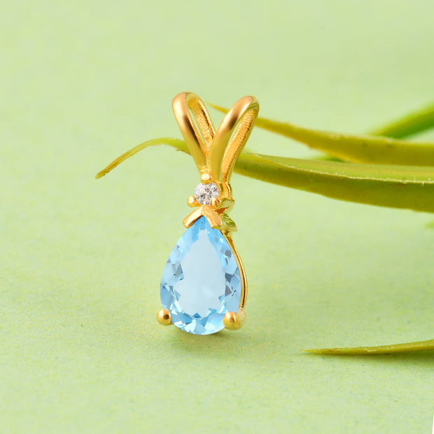 Blue Topaz Gemstone & Diamond Solid 14k Yellow Gold Pendant