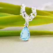 Blue Topaz Gemstone & Diamond Solid 14k White Gold Pendant