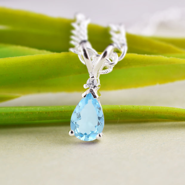 Blue Topaz Gemstone & Diamond Solid 14k White Gold Pendant