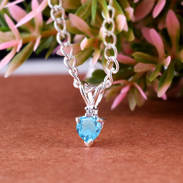 Blue Topaz Gemstone & Diamond Solid 925 Sterling Silver Pendant