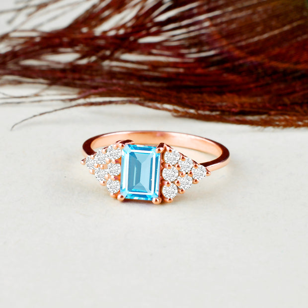 Blue Topaz Gemstone & Diamond Solid 14k Rose Gold Ring