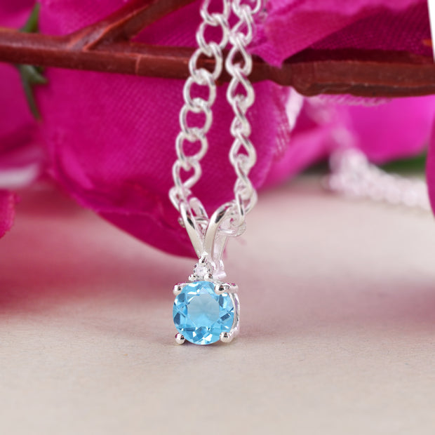 Blue Topaz Gemstone & Diamond Solid 14k White Gold Pendant